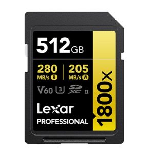 Lexar Professional 1800x 512G SDXC™ UHS-II Card GOLD Series 512GB—C10,  UHS-II(U3), V60, 1800x, up to 280MB/s read, 205MB/s write