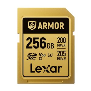 Lexar Professional ARMOR GOLD 256GB SDXC™ UHS-II Card  up to 280MB/s read, up to 205MB/s write, Stainless steel, Rated IP68, 5-meter drop proof