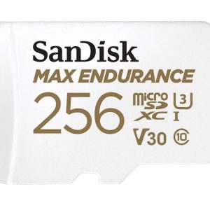 SanDisk Max Endurance 256GB microSD 100MB/s 40MB/s 20K hrs 4K UHD C10 U3 V30 -40°C to 85°C Heat Freeze Shock Temperature Water X-ray Proof SD Adapter