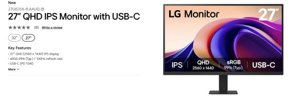 LG 27'' IPS 5ms 2K QHD 2560x1440, HDR10, USB-C (15W) AMD FreeSync™ HDMI/DP Tilt VESA 100 x100 mm, SRGB 99%, Office and Home Monitor 2025