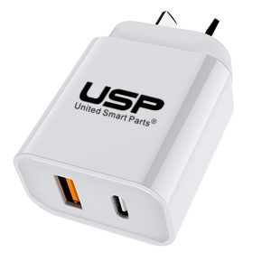 USP 20W Dual Port (20W USB-C PD + 18W USB-A QC3.0) Fast Wall Charger White - Safe Charge,Charge 2 Devices Simultaneously,Short-Circuit Protection