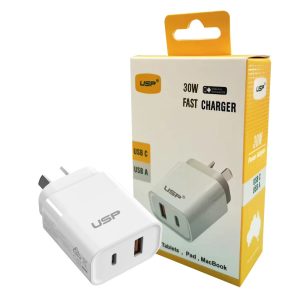 USP 30W Dual Ports (USB-C PD + USB-A QC3.0) Fast Wall Charger - Safe Charge,Compact, Travel Ready, Charge 2 Devices Simultaneously, FireProof Material