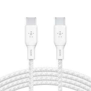 Belkin BoostCharge Braided USB-C to USB-C Cable (2M) - White (CAB014bt2MWH), 100W, 480Mbps, 30K+ Bend, Samsung Galaxy, iPad, Google, 2 Years Warranty