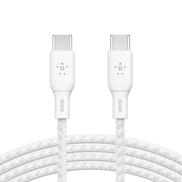 Belkin BoostCharge Braided USB-C to USB-C Cable (2M) - White (CAB014bt2MWH), 100W, 480Mbps, 30K+ Bend, Samsung Galaxy, iPad, Google, 2 Years Warranty