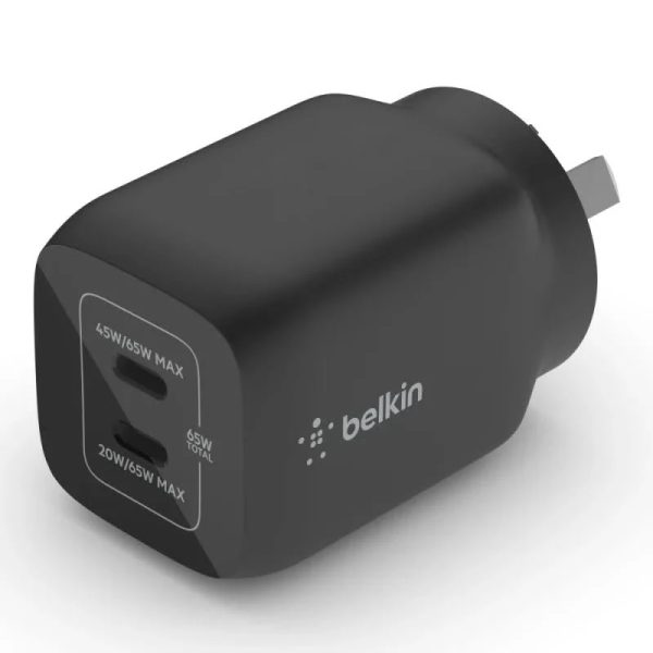Belkin BoostCharge Pro Dual USB-C GaN Wall/Laptop Charger with PPS 65W - Black(WCH013auBK),1*USB-C(45/65W),1*USB-C(20/65W), Compact, 2 Years Warranty