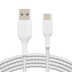 Belkin BoostCharge Braided USB-C to USB-A Cable (1M) - White (CAB002bt1MWH), 15W, 480Mbps, 30K+ Bends, Samsung Galaxy, iPad, MacBook, 2 Years Warranty