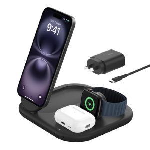 Belkin BoostCharge 3-in-1 Magnetic Foldable Wireless Charger 15W With Qi2 - Black (WIZ029auBK),30W USB-C PS,1.5m USB-C to USB-C Cable,2 Years Warranty