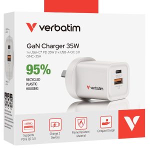 Verbatim 2 Port 35 Watt Portable GaN charger, 1 x USB-C PD 35w, 1x USB-A QC 3.0,