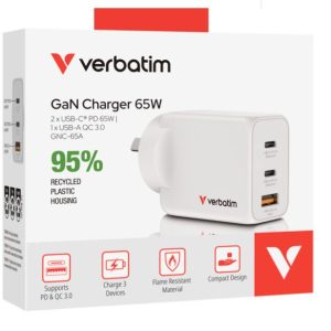 Verbatim 3 Port 65 Watt Portable GaN charger, 2 x USB-C PD 65w, 1x USB-A QC 3.0, GNC-65A Compact Design Apple, Android, Samsung, Google, Huawei, Oppo,