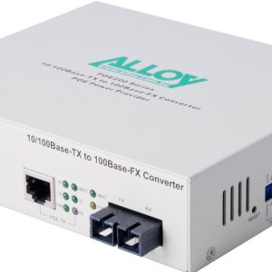Alloy POE200SC PoE PSE Fast Ethernet Media Converter, has a 10/100Mbps PoE RJ-45 port and a SC terminated multimode fibre port