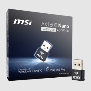 MSI GUAX18N AX1800 WiFi USB Adapter, 2.4GHz / 5GHz, 2x Dual Antennas, USB 2.0, Windows 10 / 11
