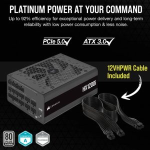 Corsair HX1200i ATX High Performance Platinum PSU, ICUE 2024. PCIe 5.0, ATX 3.1, 12VHPWR Cable included.