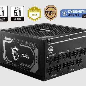 MSI MAG A1000GL PCIE5 ATX Power Supply Unit, 80 PLUS Gold, Fully modular flat cables, 0 RPM Mode, Active PFC design