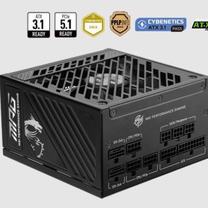 MSI MPG A1000GS PCIE5 1000W ATX Power Supply Unit, 80 PLUS Gold, Fully modular flat cables, 0 RPM Mode, Active PFC design