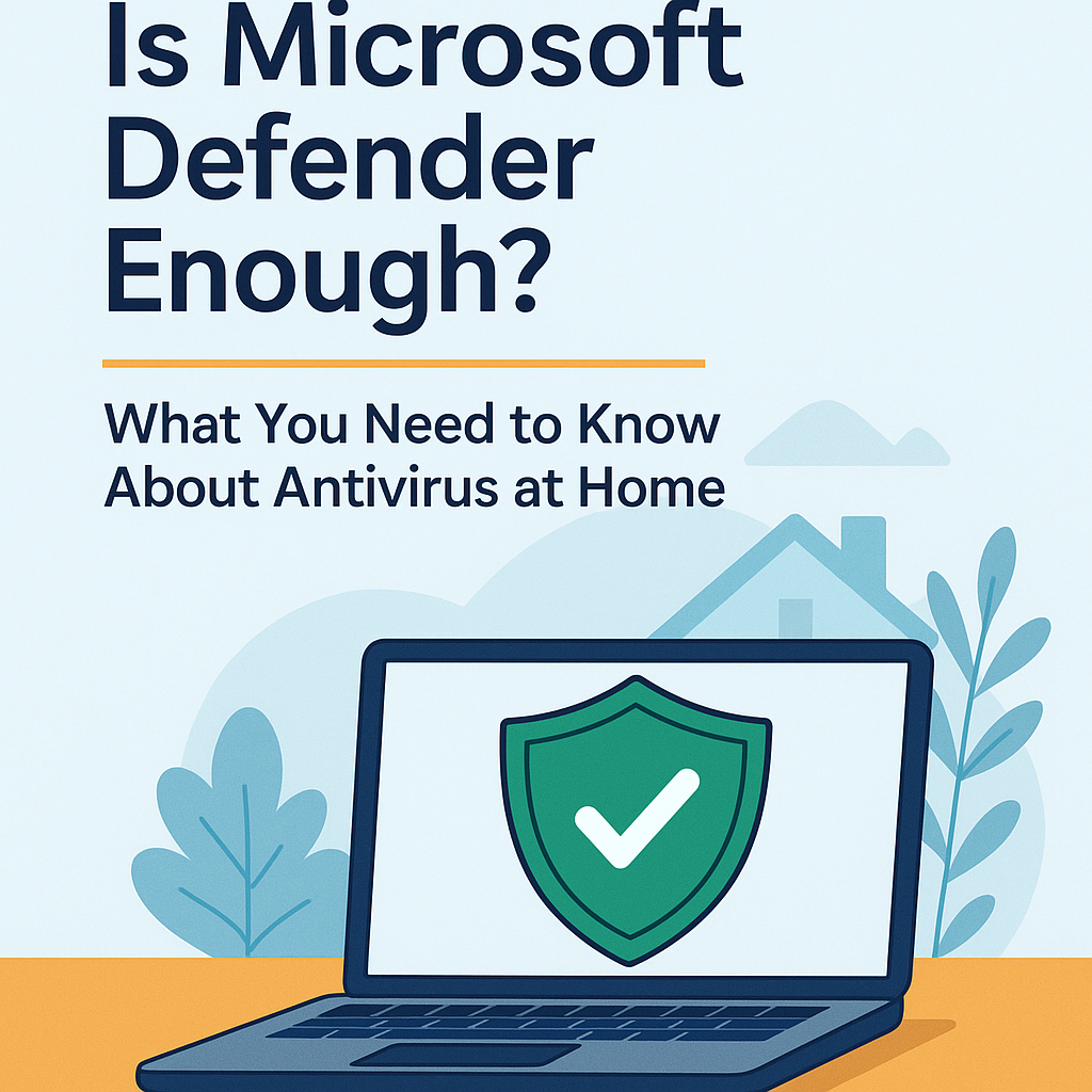 laptop with green shield icon showing Microsoft Defender for home antivirus protection
