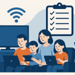 amily reviewing internet provider options with Wi-Fi checklist
