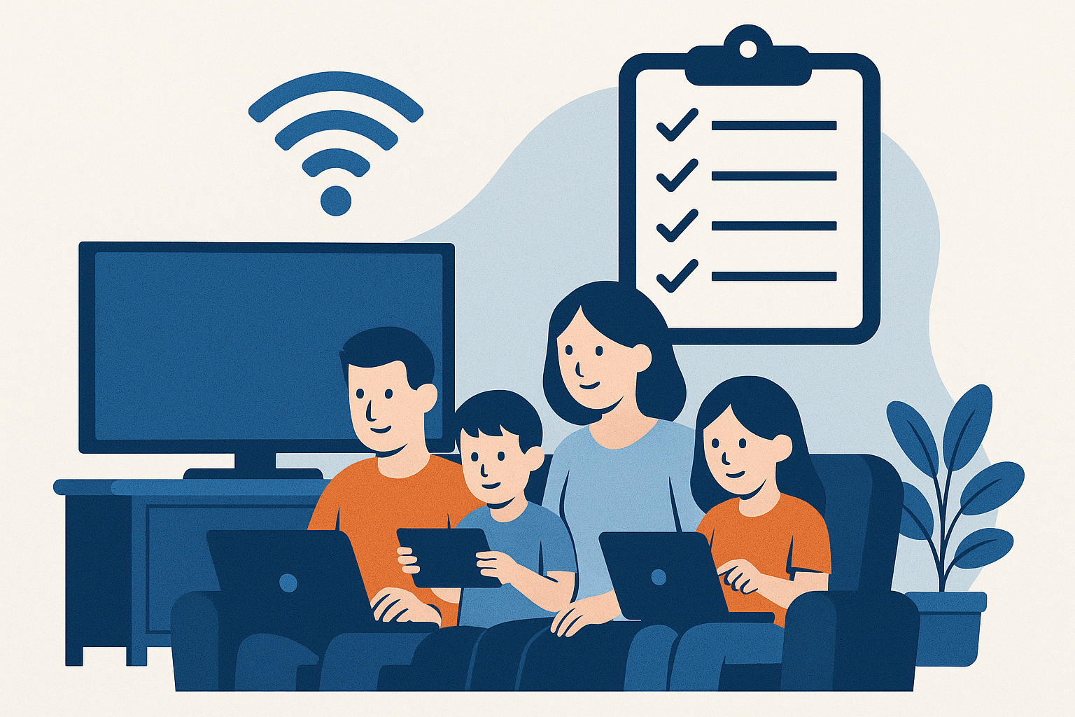 amily reviewing internet provider options with Wi-Fi checklist