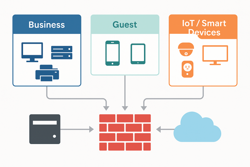 Infographic showing VLAN network segmentation for business, guest, and IoT devices with firewalls isolating each VLAN to improve security and performance.
