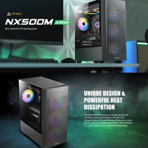 Antec NX500M ARGB  mATX, Mesh, USB-C, 3x ARGB 120mm, USB 3.0, HD Audio, 360mm Radiator Front & 240 Top, 2x ARGB Front, 1 x Rear, removable HDD, Case