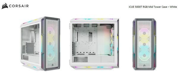 (LSCorsair iCUE 5000T RGB ATX Mid-Tower Case, USB Type-C, 160 RGB LED, Rapid Route, Maximum Cooling, Tool Free Hinged Side Panels, White (LS)