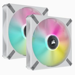 Corsair ML ELITE Series, ML140 RGB ELITE WHITE, 140mm Magnetic Levitation RGB Fan with AirGuide, Dual Pack with Lighting Node CORE (LS)