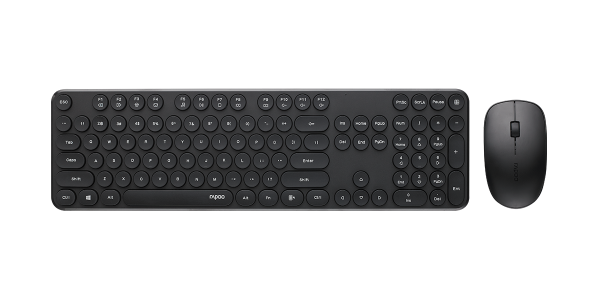 RAPOO Wireless Stylish, Spill-Resistant, Retro Style Round Key, 1000DPI, 2.4G Connection, 10M Range, Nano Receiver, Optical Mouse & Keyboard Black
