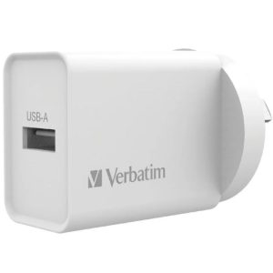 Verbatim USB Charger Single Port 2.4A - White Single Port Wall Charger Rohs, CE, Apple, Android, tablet, Handheld. OC, OV, SS, OT, Fire Resistant.