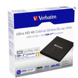 Verbatim External Slim Blue-ray Writer Ultra HD 4K Type-C Connection, USB 3.1 Gen1. Includes Nero Burning Software. Ultra Portable. New 2025